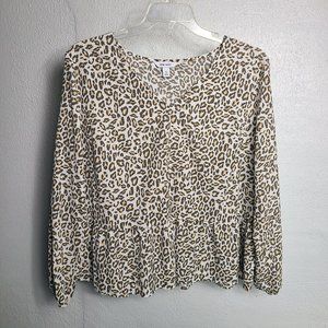 Nine West Women's V Neck Long Sleeve Leopard Print Peplum XL Top Shirt Blouse
